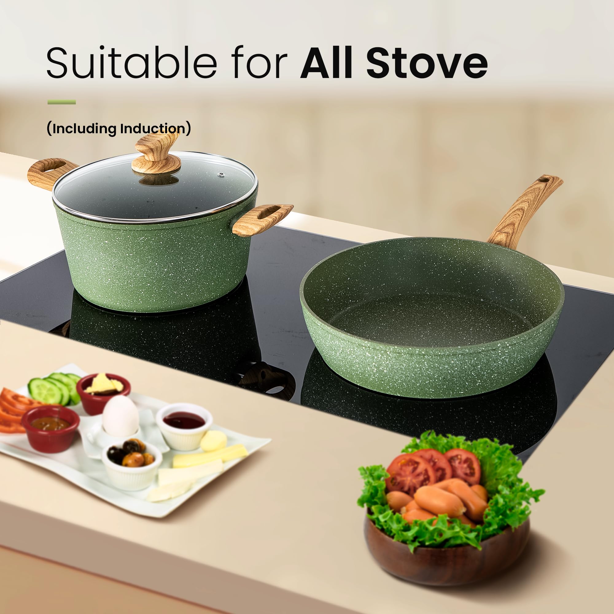 Kitchen Academy Set of 30 Pieces - Induction Cookware with Nonstick Granite Stone Coating, Includes 5 Casserole Lids, Various Woks and Frying Pans