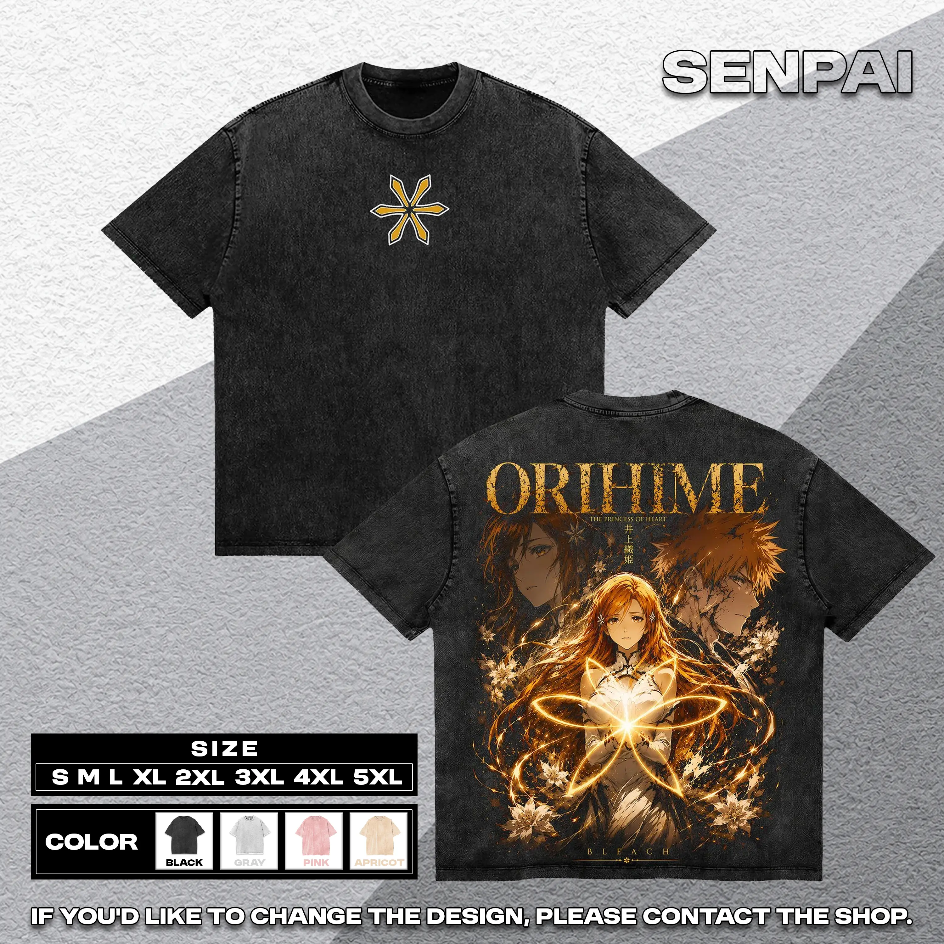 Orihime Inoue Princess of Heart Bleach Anime Graphic Tee Soul Reaper Manga Vintage Washed Oversized Streetwear Heavyweight Cotton Floral Back Print Shirt