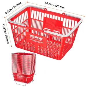 VEVOR Shopping Basket,  , Set of 20, 21L Durable Plastic Grocery Basket with Handle and Stand, 16.5 x 11.8 x 8.27 inch Portable Shop Basket Bulk Used for Retail Store Supermarket Grocery Shopping, Red Household Organiser