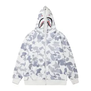 American High Street Double Hood Camouflage Shark Zip Embroidered Sweatshirt for Men and Women Same Couple Jacket Spring Autumn Thin Hip Hop Original National Chic Brand Loose Hooded Cardigan