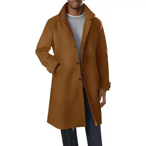 Runcati Mens Trench Coat Notched Collar Single Breasted Mid Long Peacoat Slim Fit Winter Warm Chunky Overcoat