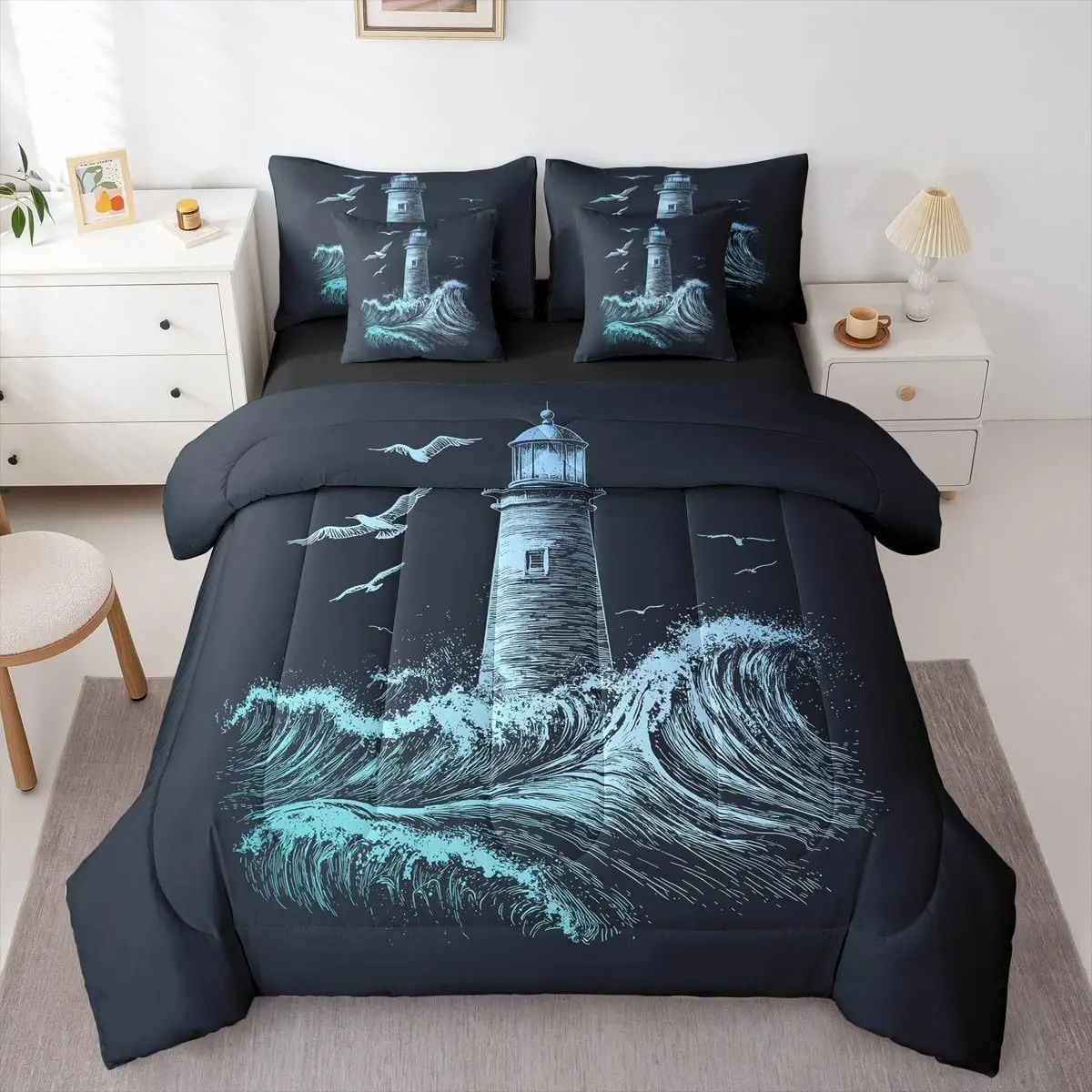 Nautical Comforter Set Men Lighthouse Bed in A Bag 7 Pieces Ocean Wave Bed Set Surfing Coastal Bedding