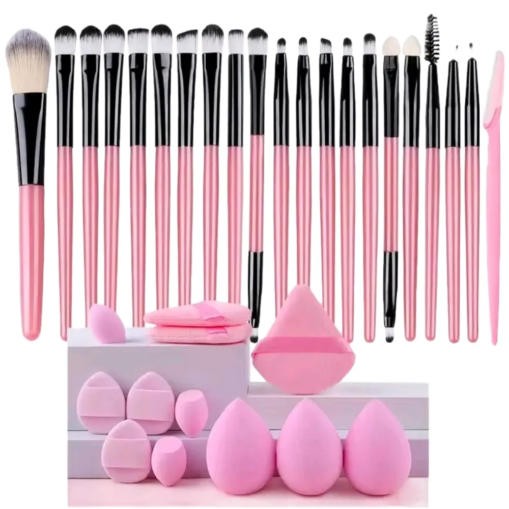 Professional Makeup Brush Set with 20 Brushes & 5 Sponge Blenders for Flawless Application Pink Handle