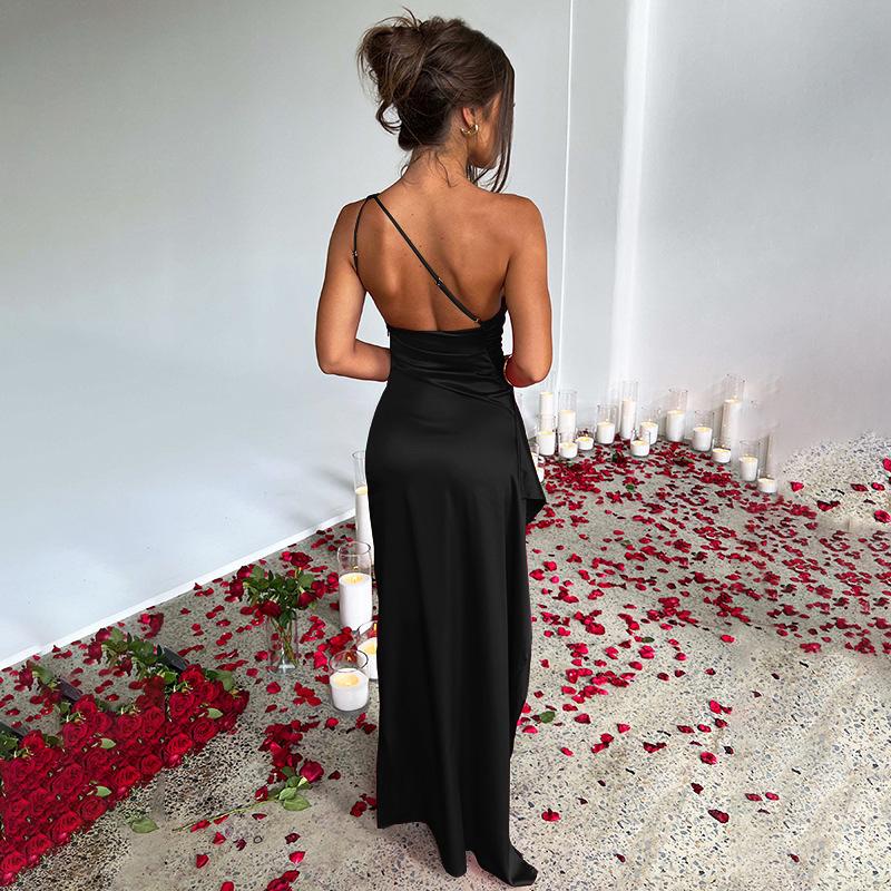 Sexy One-shoulder Backless Slit Dress Summer Elegant Slim-fit Solid Color Satin Dresses For Women