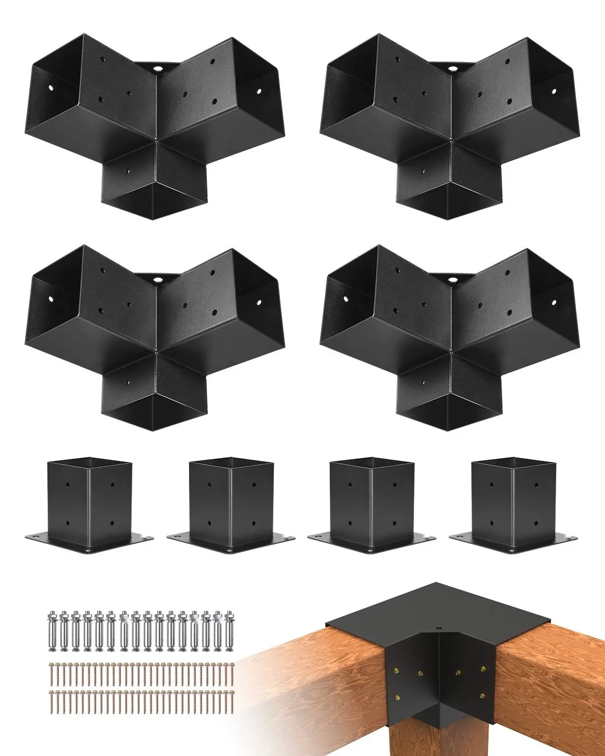 Pergola Bracket Kit for 4x4 Posts, Inner Size 3.5x3.5 Inches, 4-Piece 3-Way Heavy-Duty Corner Brackets for Wood Beams and Post Bases, DIY Assembly Kit for Gazebos, Patios, Pergolas, Sheds and Log Cabins, Easy Install