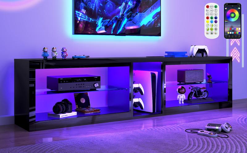 63 Inch LED TV Stand with Adjustable 60,000 Color LED Light/Outlet for 60, 65, 70 Inch TVs, Modern High Gloss Entertainment Center with Glass Shelf