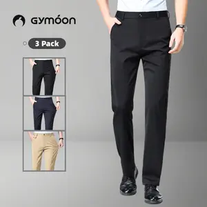 Gymoon- 3 Pack  Slim-Fit Formal   High-Quality Thin-style Wrinkle-Resistant for Business & Formal Events Polished Black Polished Black Menswear Trouser Beige Plain Fabric Stylish tiktok shop deals Men's Stretch Golf Dress Pants  closure ropa masculina
