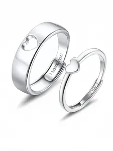 Heart-Shaped Promise Rings for Couples | White Copper Silver Plated Unisex Ring Set - High Polish Comfort Fit I Love You Band for Engagement Wedding Valentine Gifts