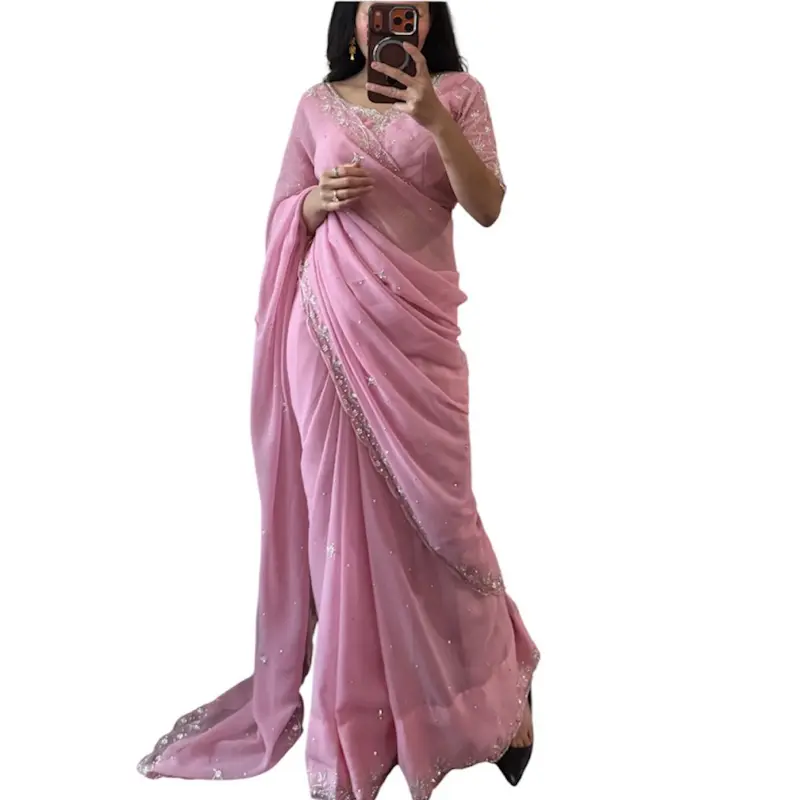 Handwork -to-Wear Saree Set  Effortless elegance at your fingertips! This ready-to-wear saree set comes pre-stitched for a perfect fit, so you can drape and dazzle instantly. Lightweight, stylish, and perfect for weddings, parties.