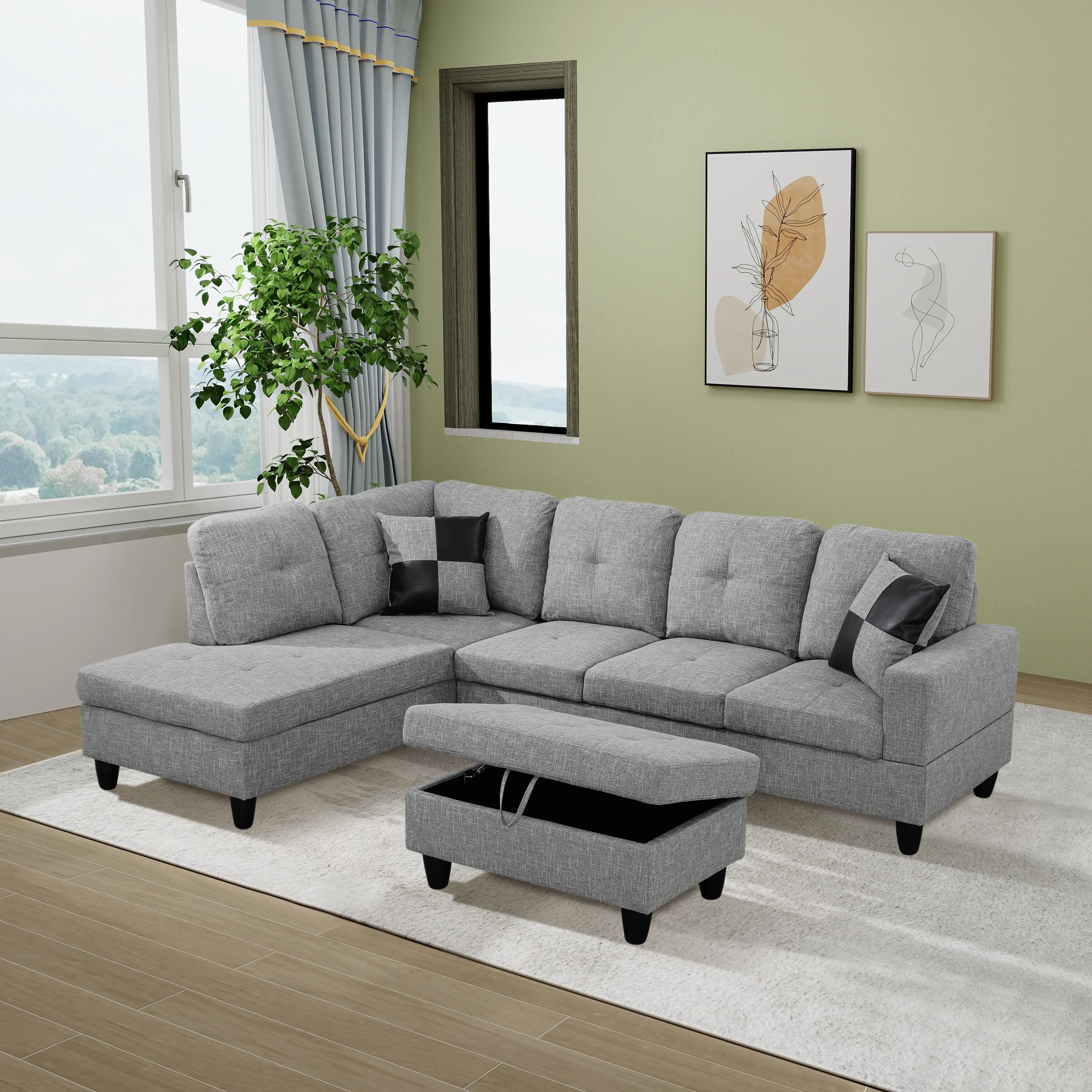 3-Piece Gray Linen-Cotton Upholstered Sofa Set, Modern Fixed-Arm Living Room Indoor Furniture, Sturdy, Durable, Breathable, Easy-To-Clean, Daily Use, Assembly Required (No Fire Safety Label)