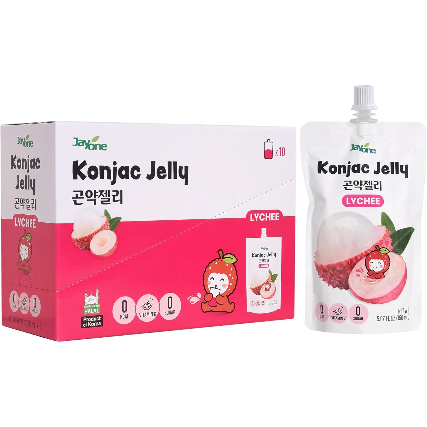 Jayone Konjac Jelly Lychee Flavor, 10 Pack, 5.07 fl oz Spout Pouches, 0 Calories & 0g Sugar Per Serving, Halal