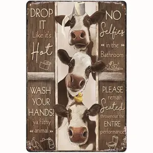 Funny Cow Rules Metal Sign - Rustic Farmhouse Bathroom Wall Art with Cow Puns & Farm Rules (No Selfies, Wash Hands), 8x12 Inch Durable Tinplate Cow-Themed Decor for Home, Office, Classroom, Room - Easy to Hang Cow Shed Style Plaque
