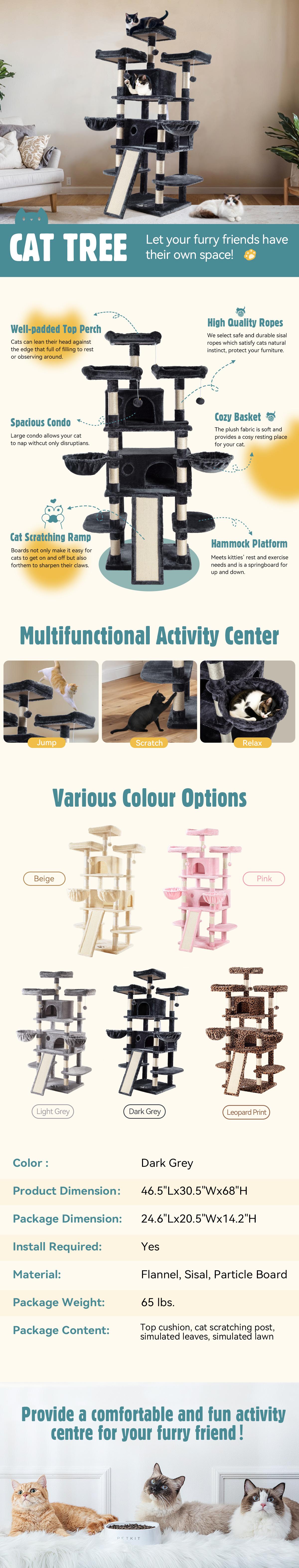 HOOMIC 68-Inch Multi-Level Cat Tree Tower for Large Cats with Sturdy Chipboard Base & Sisal Scratching Posts Cozy Plush Perches & Wide Base Board for Home Activity