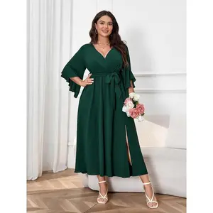 Elegant Plus Size Wrap Dress - V-Neck Ruffle Sleeve Maxi w/Belt - Wedding Guest & Cocktail Party Basic Black Minimalist Chic Womenswear