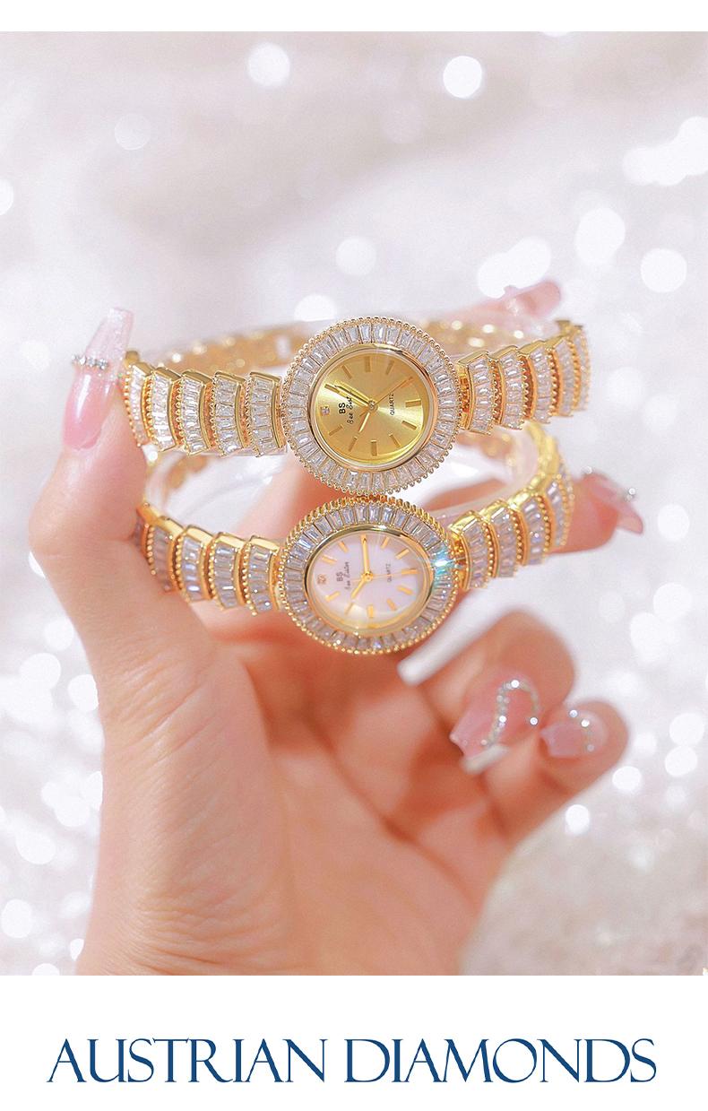Gold Jewelry Bracelet Watch for Women Luxury Round Dial Full Crystal Design 30M Waterproof Stainless Steel Elegant Wristwatch Fashion Jewelry Gift for Her Sparkling Ladies Watch Trendy Golden Accessories Casual Dress Style