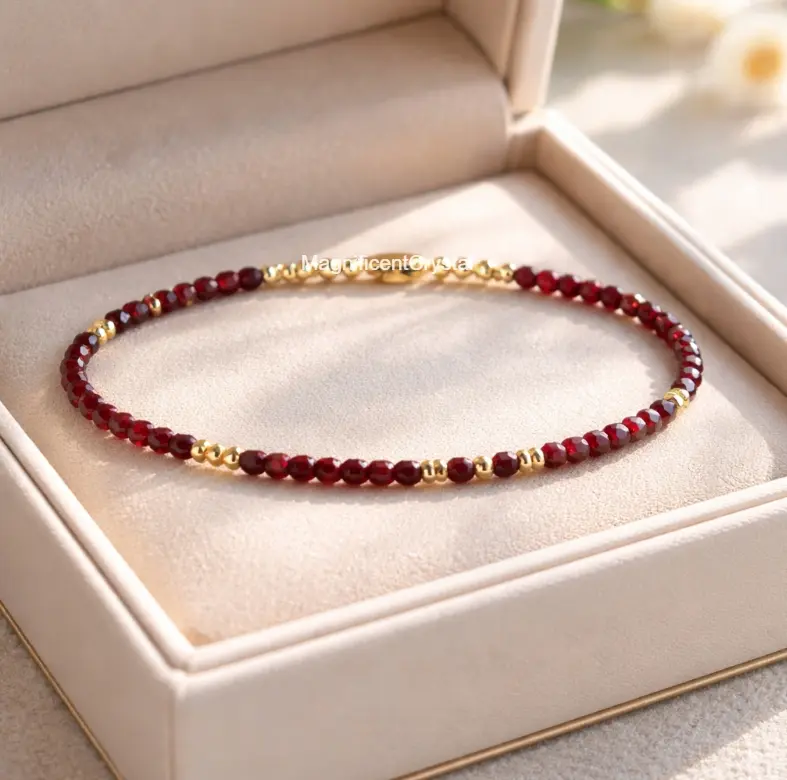 Women's Dainty 2MM Ruby Gemstone Crystal Bracelet - Healing Reiki Jewelry, Beautiful, Lightweight Crystal Stone Bracelets & Bangles for Daily Wear, All Seasons, Beautiful Bracelets, Minimalist