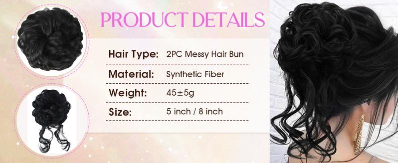 2PCS Large Messy Hair Bun Wavy Curly Scrunchies Synthetic Chignon Ponytail Hair Extensions Thick Updo Hairpieces for Women Girl Party Black