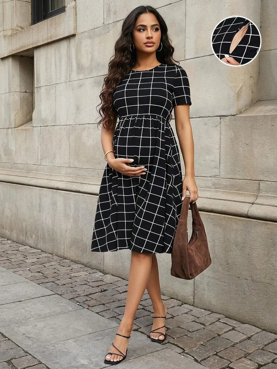 Grid Print Flare Hem Nursing Dress