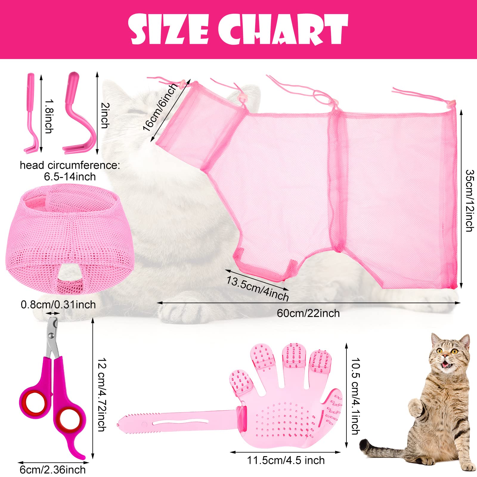 5 Pcs Pink Cat Bathing Set: Grooming Bag (Adjustable), Shower Net, Muzzles, Nail Clipper, Tick Remover & Massage Brush.