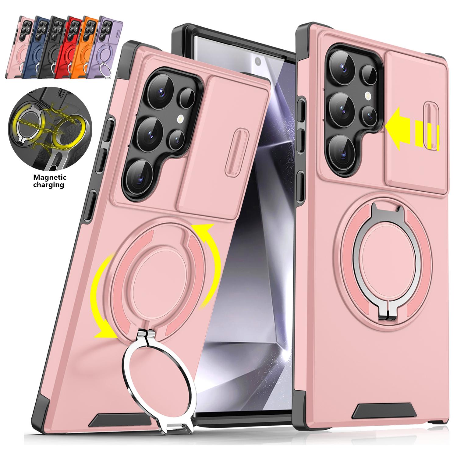 [Free!!Ship!] Slide Camera Lens Protective Case for Samsung Galaxy S25 Ultra S24 S23 S22 S21 Mag Safe 360 Degree Ring Kickstand Shockproof Phone Cover
