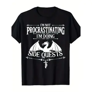 Crew Neck T-Shirt with Dragon Graphic and "Not Procrastinating, Doing Side Quests" Slogan - Casual Style, Short Sleeve, Regular Fit, Knit Fabric - Summer Collection