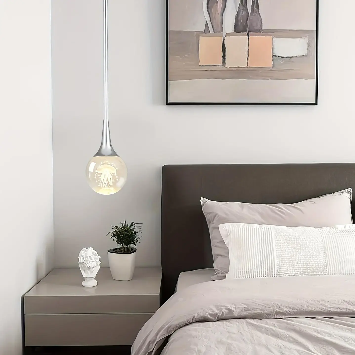 1-Light Mini Modern LED Warm Light Pendant Light, Chrome Metal Teardrop Crystal Jellyfish Hanging Fixture for Kitchen, Bar, Bedroom