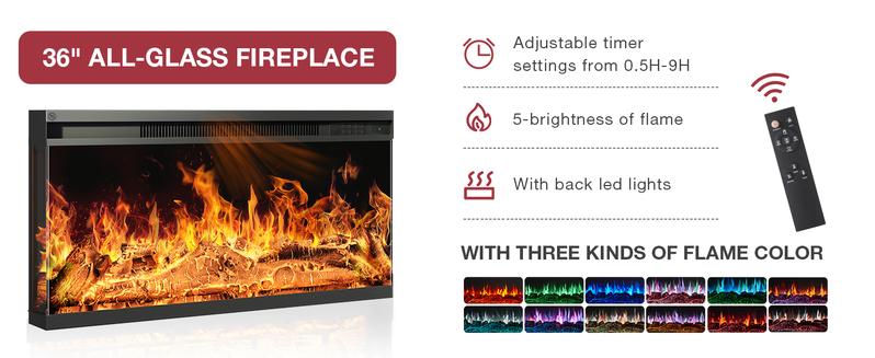 【Ships 2 Packages】oneinmil 70" Floating TV Stand with 36" Electric Fireplace, High Gloss Finish Wall Mounted Fireplace Entertainment Center with Storage for TVs Up to 80", Black TV Stand and Black Fireplace