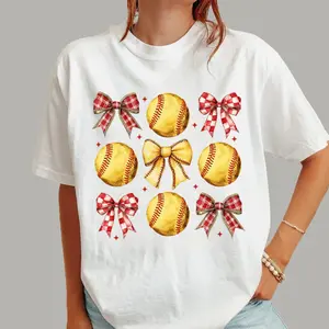 VintageSoftball Bow T-Shirt, BowSoftball T-Shirt , CoquetteSoftball Shirt, Mama T-Shirt, Game Day Softball, Mother'S Day Gifts