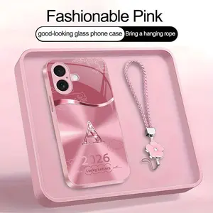 Suitable for [iPhone 17] high-end women's phone case🤩，a free four-leaf clover lanyard is included, with 26 letters of the alphabet to choose from，auspicious cloud patterns bring you good luck YM99