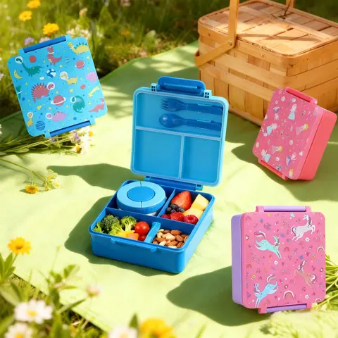 ChicLab Unicorn Pattern Reusable 4-Compartment Lunch Box - BPA-Free Compartments, 4 Food Zones, Airtight Leak-Proof Insulated Sturdy Tableware, 8oz Soup Thermos, Leak-Proof Carry for School