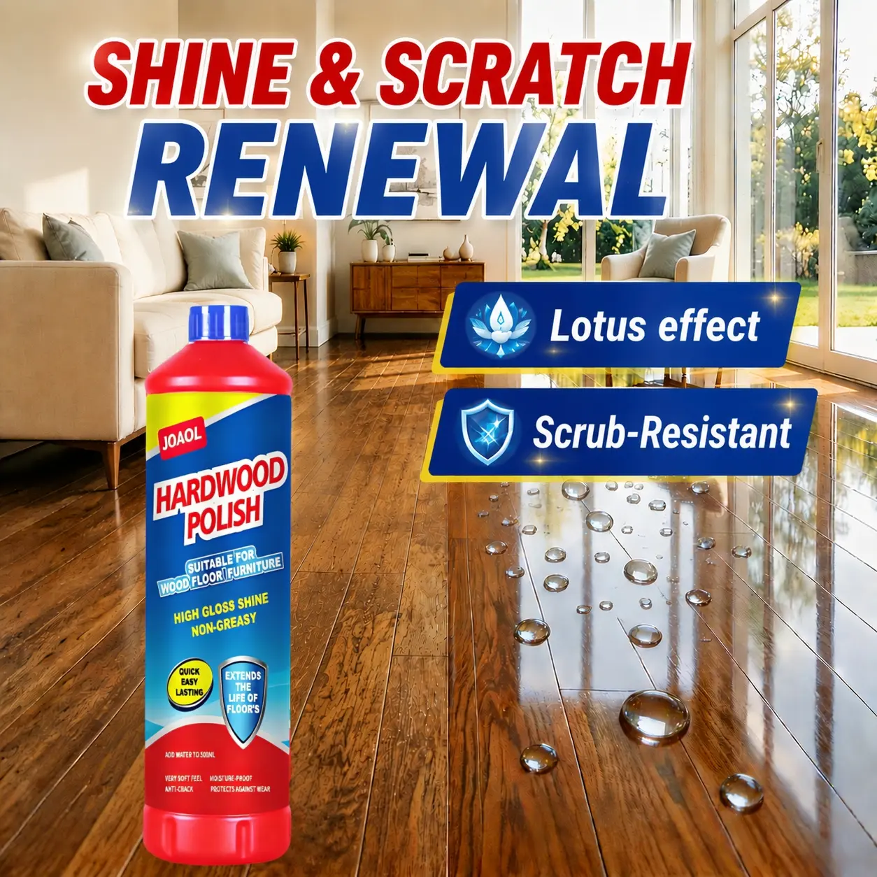 JOAOL Hardwood Floor Polish & Restorer – High-Gloss Finish, Repairs Fine Scratches, Non-Slip, Abrasion- and Scrub-Resistant, Moisture-Resistant, Non-Greasy, No Footprints, Easy to Clean, Deep Conditioning,  for Hardwood, Laminate Floors & Wood Furniture,