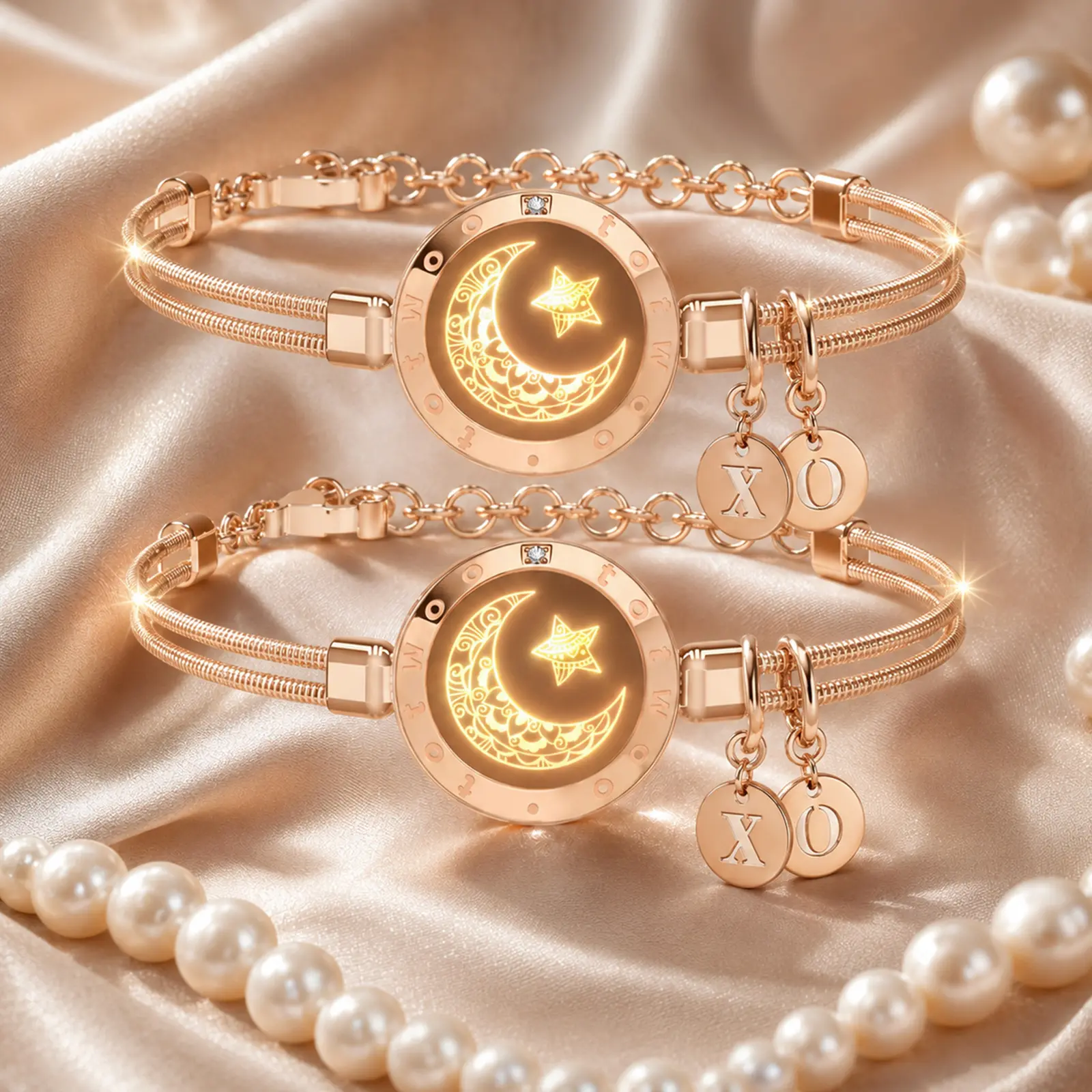 TOTWOO Long Distance Touch Bracelets, Matching Double Moon Fashionable Bracelets for Mom & Daughter, Best Friends & Loved Ones, Light Up Connection Bracelets, Meaningful Birthday, Anniversary & Friendship Jewelry Gifts Non Tarnish Jewelry for Women