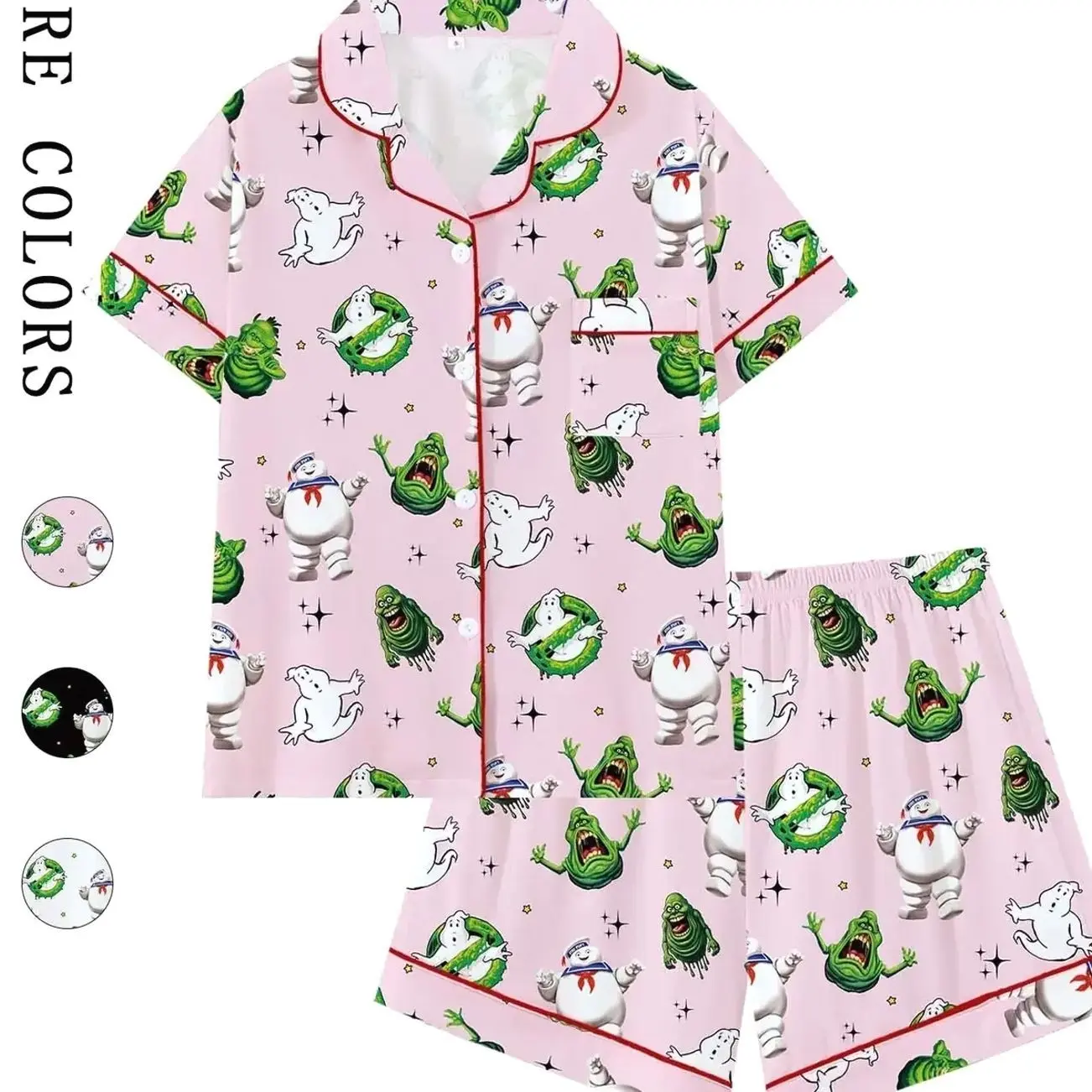 [Halloween]80s Nostalgia Retro Monster Print Pajama Set for Women | Cute Pink Paranormal Graphic Button Up Sleepwear | Soft 2-Piece Short Sleeve Summer Lounge Set | Fun Sleepover PJs | Cozy Quirky Home Outfit Loungewear Pyjamas