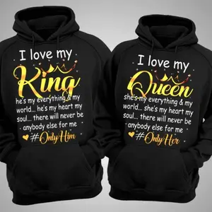 [Graphic Hoodie] Couple Matching Hoodies/T-Shirt - I Love My King & Queen Matching Sweatshirts, His and Hers Hoodies, Romantic Anniversary Gift for Couples