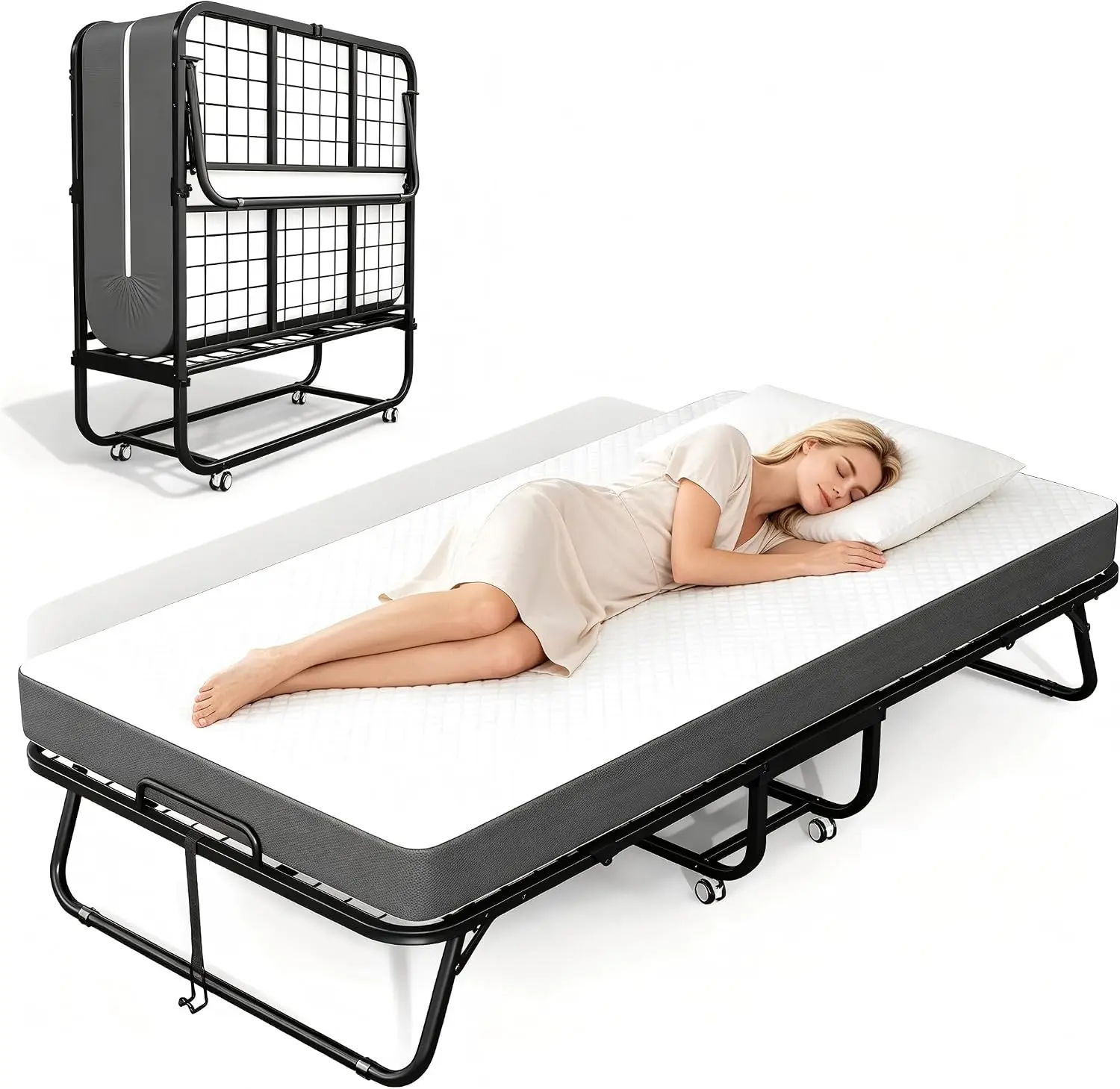 Folding Bed with Mattress 75'' x 31'' in Rollaway Bed, Memory Foam Compact Rollaway Guest Bed: 5-inch memory foam mattress and 450-lb steel frame fold compactly and roll easily for storage adjustable portable