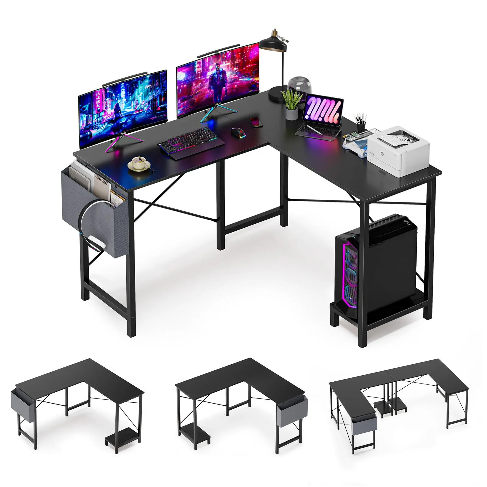 L Shaped Computer Desk with CPU Stand and Side Bag, Corner Gaming Desk for Home Office and Study