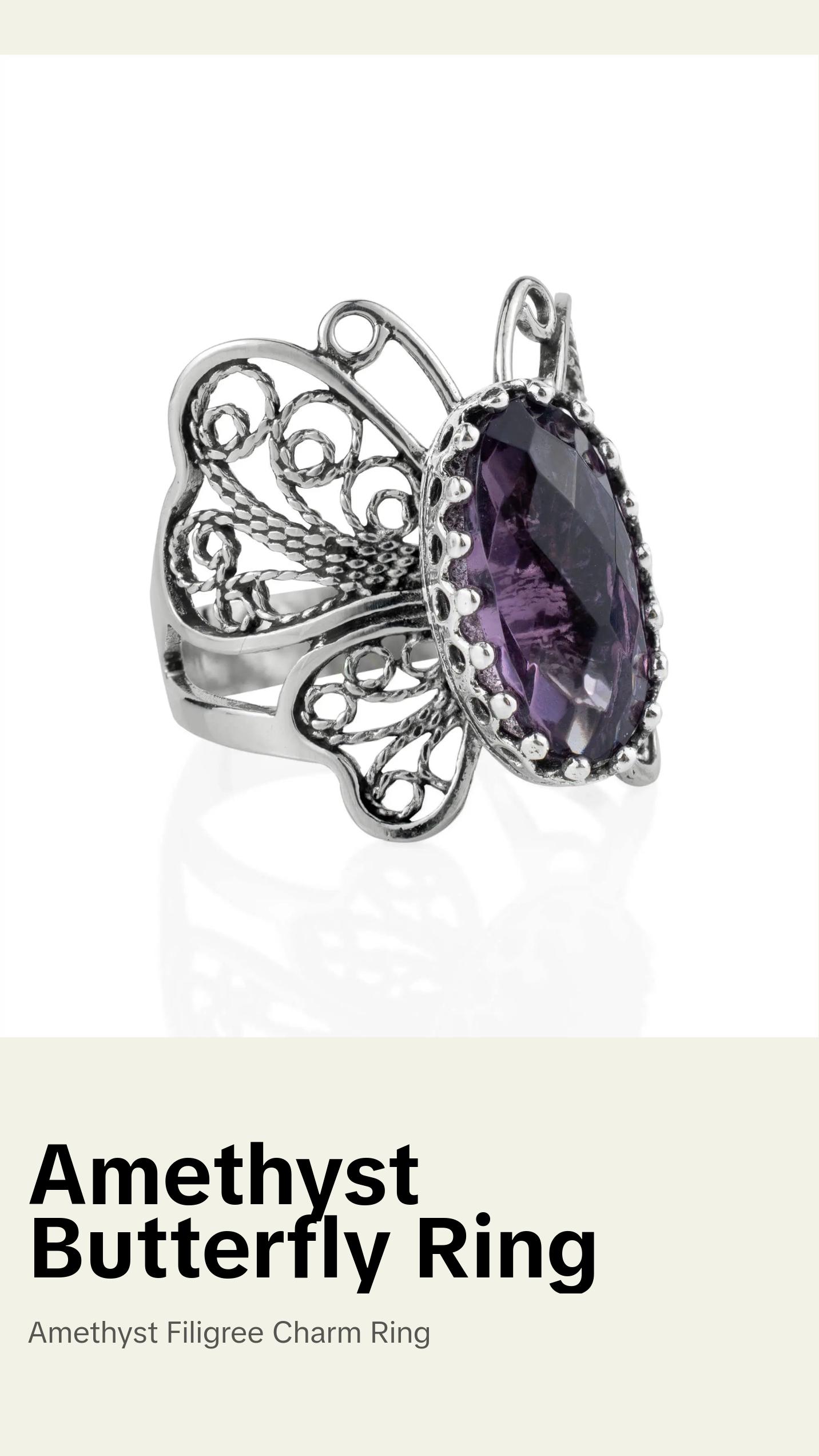 Filigree Art Amethyst Gemstone Butterfly Design Women Silver Cocktail Ring