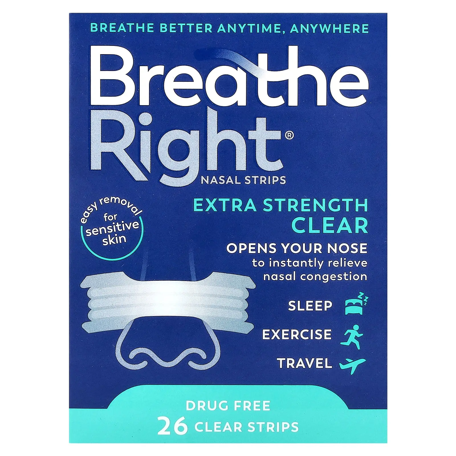 Breathe Right Nasal Strips, Clear, For Sensitive Skin, 26 Clear Strips | HSA/FSA Eligible