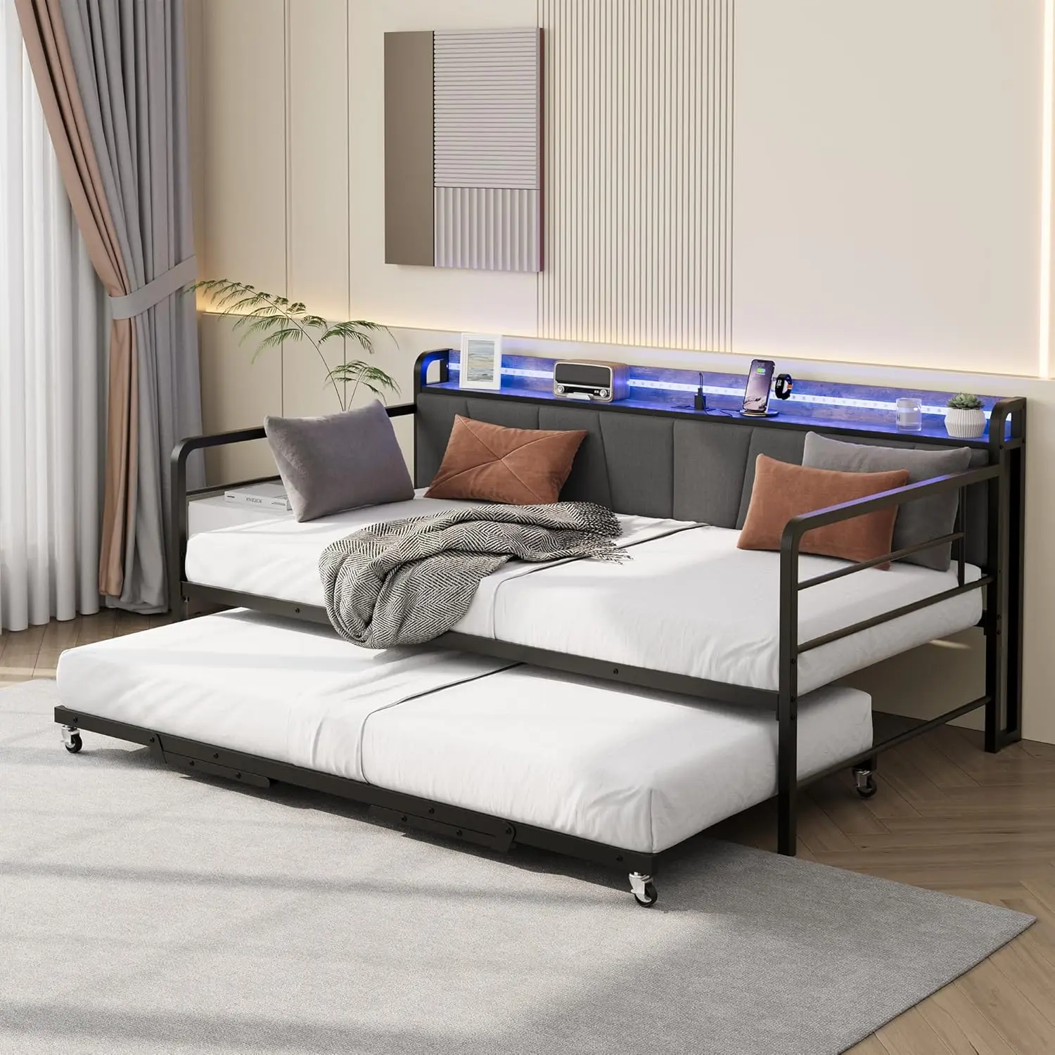 Gaomon Linen Upholstered Twin Daybed - 1000 lbs Heavy-Duty Metal Frame, Pop-Up Trundle Guest Bed, Pull-Out Convertible Sofa, Charging Station with USB Port, RGB LED Light, 5.5" Deep Storage Shelf Headboard for Bedroom, Living Room