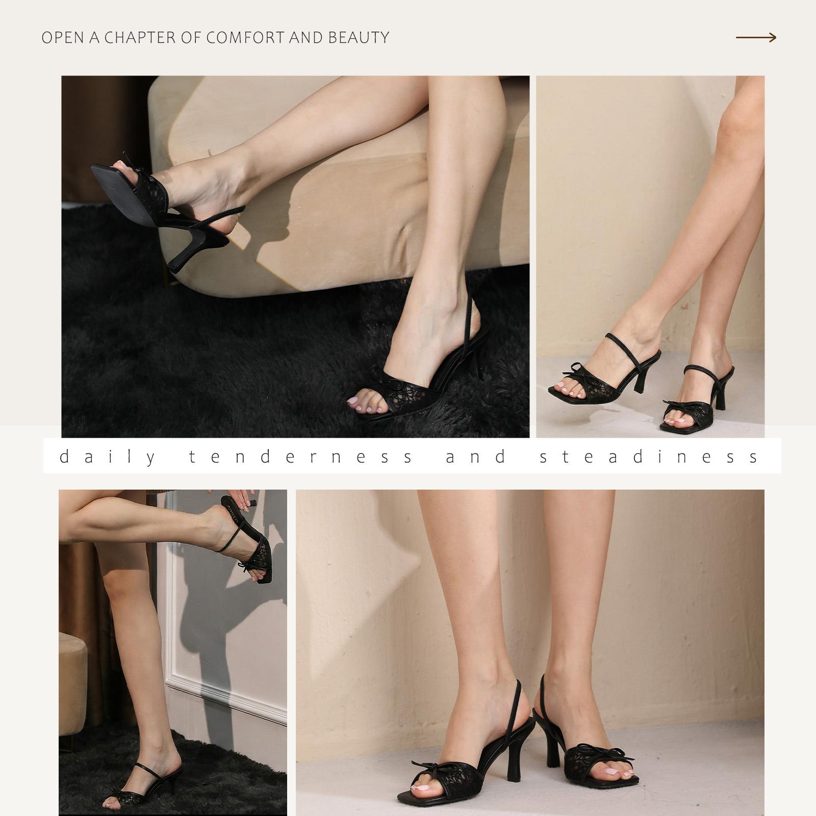 Kitten Heels for Women Square Toe Mesh Sandals Bow Knots Heels Open Toe Sandals for Women Comfortable Dressy Shoes for Wedding Party