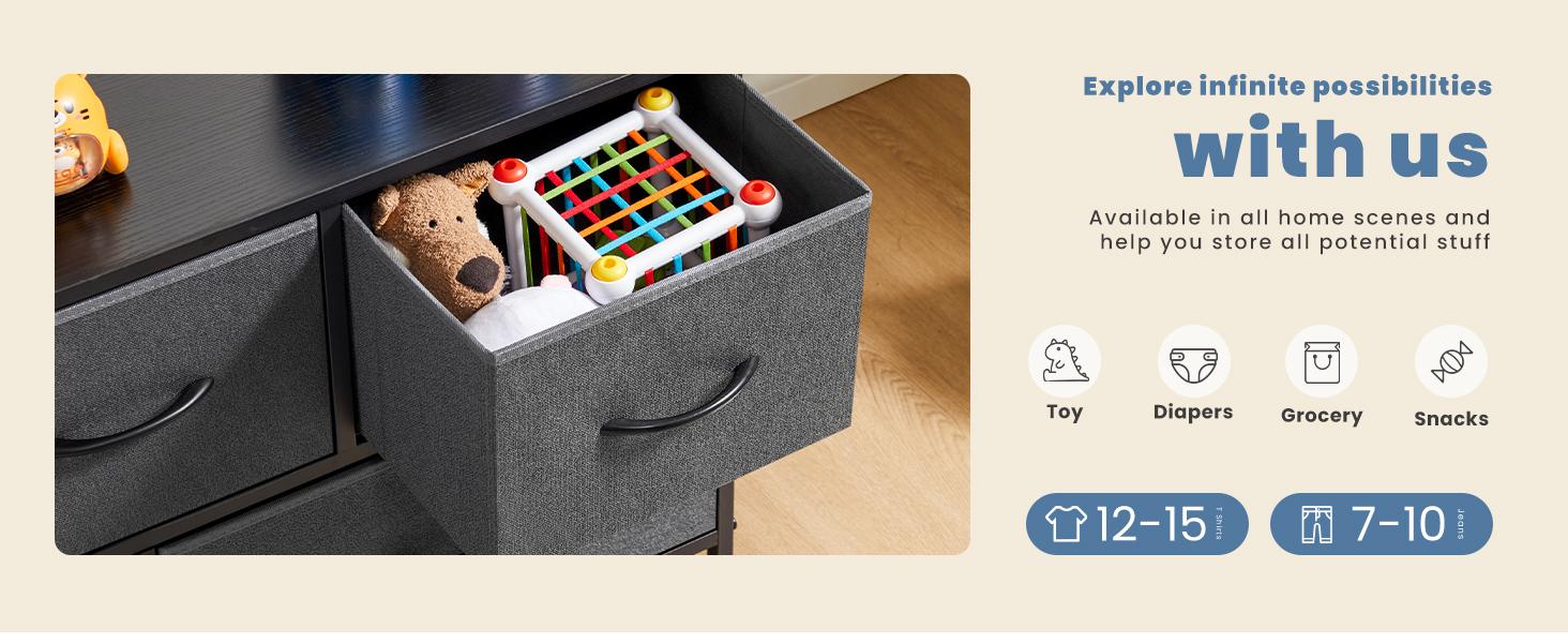 Dresser TV Stand with 5 Fabric Drawers, Media Console Table Entertainment Center with Open Storage Shelf Dresser for Bedroom/Living Room/Hallway Dresser TV Stand with 5 Fabric Drawers, Media Console Table Entertainment Center with Open Storage Shelf Dresser for Bedroom/Living Room/Hallway