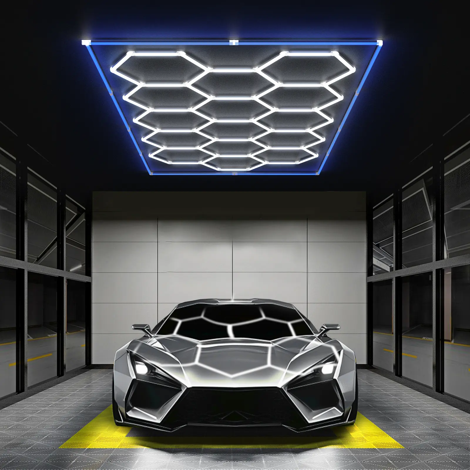 HYPERLITE Upgraded Hexagon DIY LED Garage Lighting System, 624W Commercial LED Shop Lights with 62400 Lumens, 15-Hex Honey Comb Grids, Plug-in Setup, Glare-Free PC Panels, Hidden Wire Pins, Colorful Frame for Car Detailing Shops, BackToSchool
