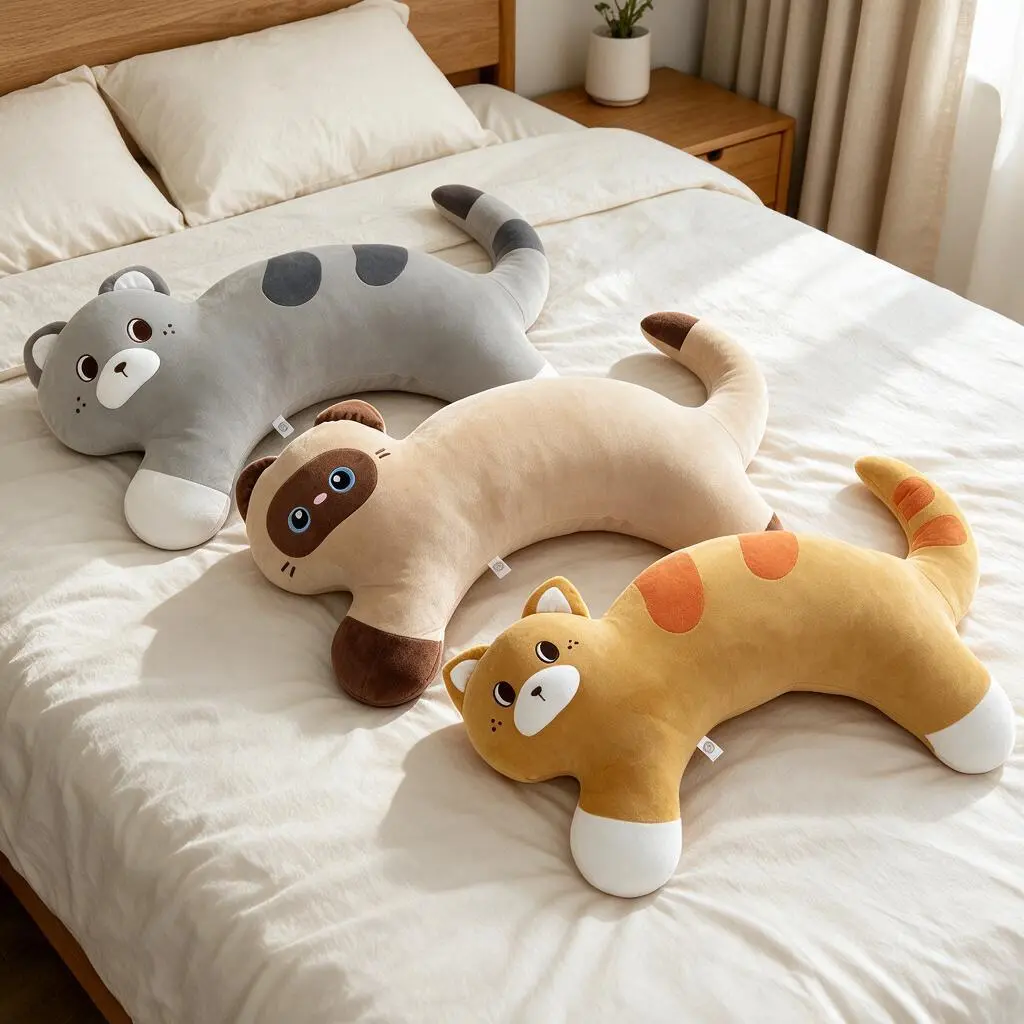 Ultra-soft cat-shaped long throw pillow; squeaky kitten curved backrest cushion; leg-holding sleeping pillow; soothing plush toy