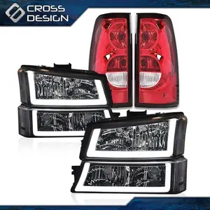 CROSSDESIGN 4PC FIT FOR 2003-2006 SILVERADO CLEAR HEADLIGHT LAMP WITH LED DRL & TAIL LIGHTS
