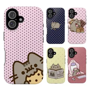Pusheen The Cat Collection Tough Phone Case for iPhone 11, 12, 13, 14, 15, 16, 17 Pro Max Plus. Cute Polka Dot Cartoon Design with Anti-Drop, Waterproof, Shockproof, Scratch-Resistant Full Protection & Glossy Finish.