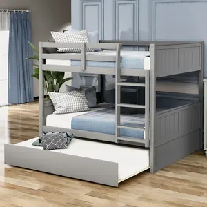 3-in-1 Full Size Bunk Bed with Twin Trundle | Space-Saving Double Sleeper for Dorms, small room Apartments & Shared Spaces pine wood furniture Solid Rails Plywood full size bed frames