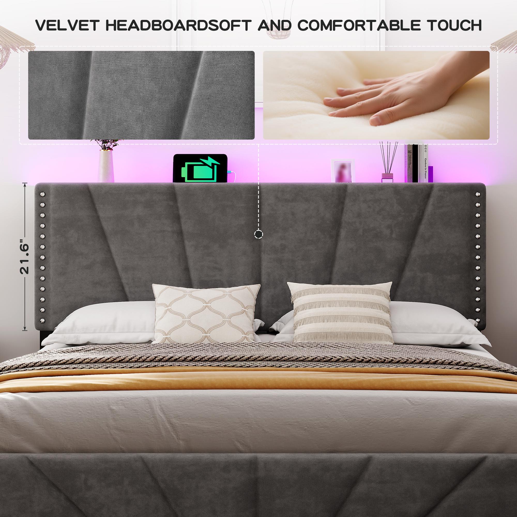 Raybee LED Bed Frame for Queen King Full Bed frame with Storage Headboard & Charging Station, No Mattress, Luxury Upholstered Platform Bed Frames, Holds 881lbs, No Box Spring Needed,Noise Free, Bedroom Furniture