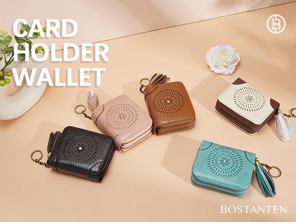 BOSTANTEN Credit Card Holder Wallet RFID Double Zipper Small Wallet for Women Leather Keychain Wallet with Tassel mom  pouch