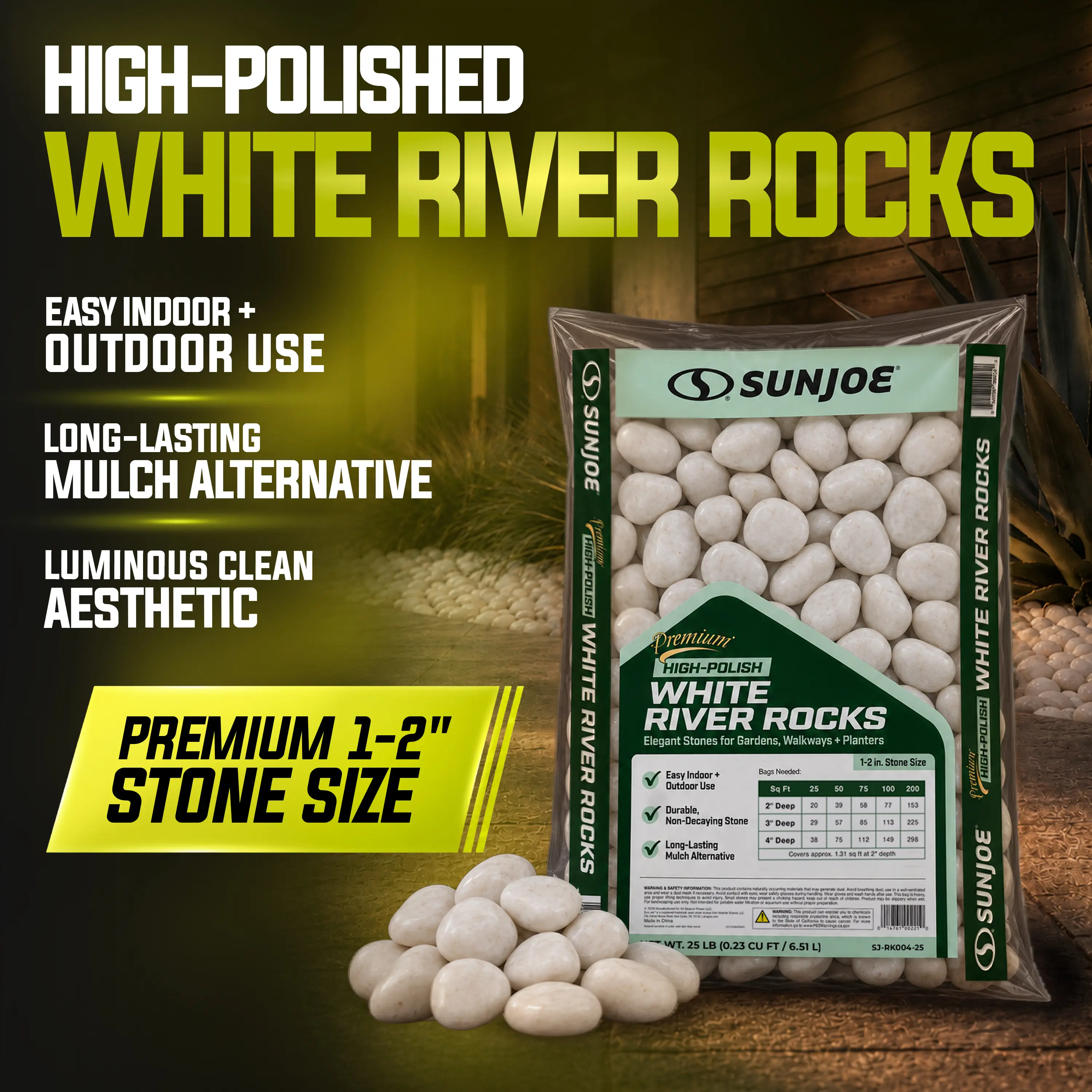 Sun Joe Premium High-polish White Decorative River Rocks | 1-2 In. Stone Size