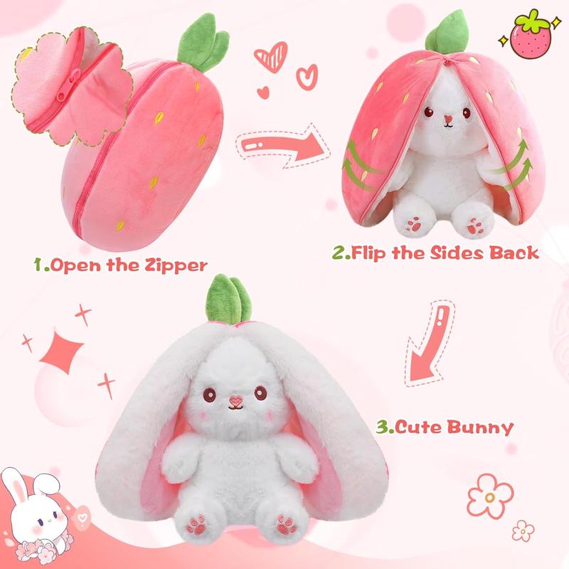 Bunny Stuffed Animal Reversible Cuddle Bunny Stuffed,Strawberry Bunny Transformed Rabbit Plush Zipper,Turns Into Ears Bunnies Plushies Toy Cute Stuffy Doll Easter Girlfriend Gift Valentine's Day gift